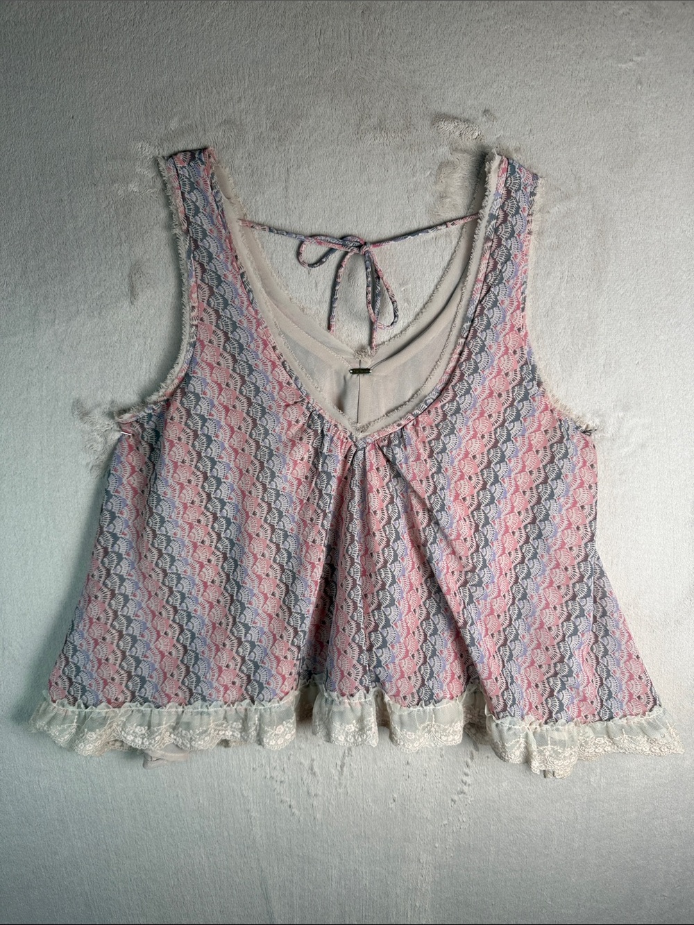 Free People Boho Lace Trim Tank Top Raw Edge Pastel Print S Festival Romantic